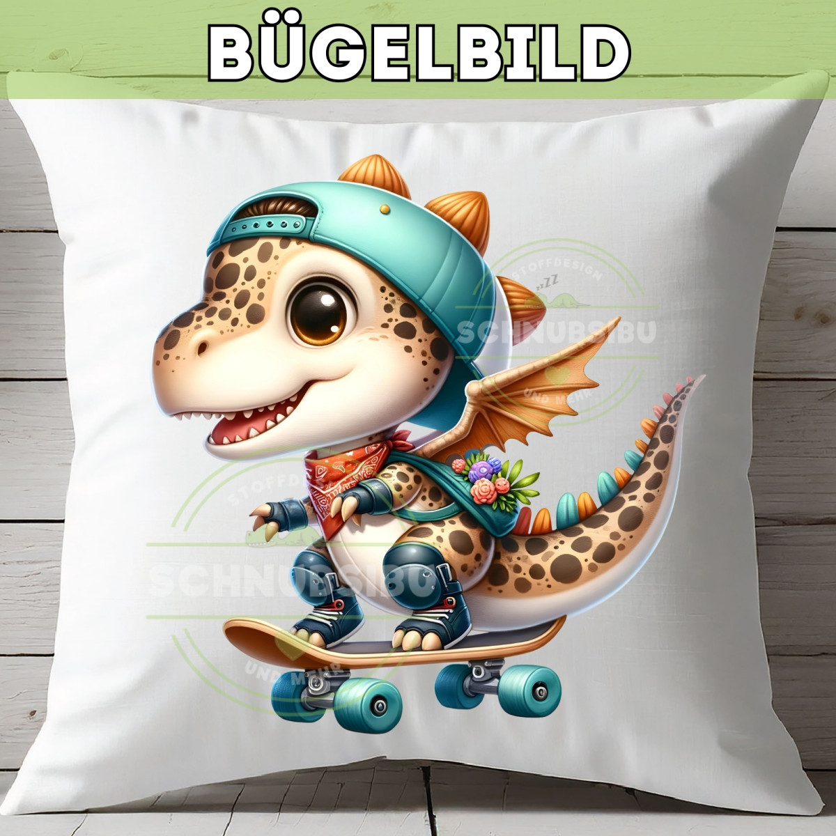 Bügelbild Niedlicher Dino Skater